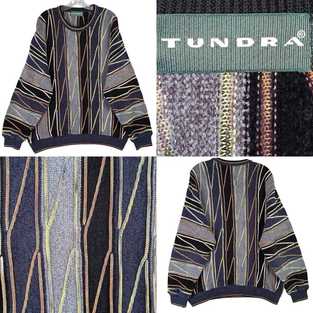 Vintage Tundra Canada Sweater Mens Large 90s Blue Gray Black Chunky Knit Biggie